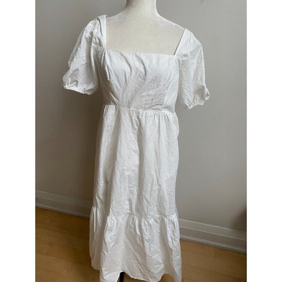 ASTR the Label BNWOT womens white poplin puff sleeve dress sz Medium side slit - Picture 2 of 9
